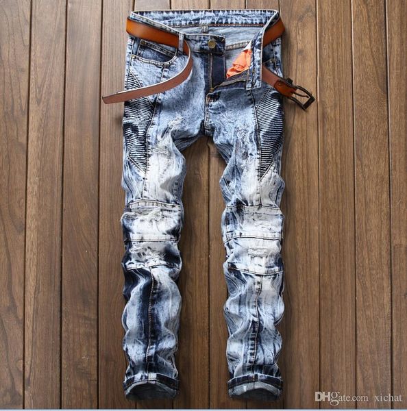 

unique mens distressed pleated stretch panelled jeans fashion designer retro washed light blue motorcycle straight leg denim pants 17001