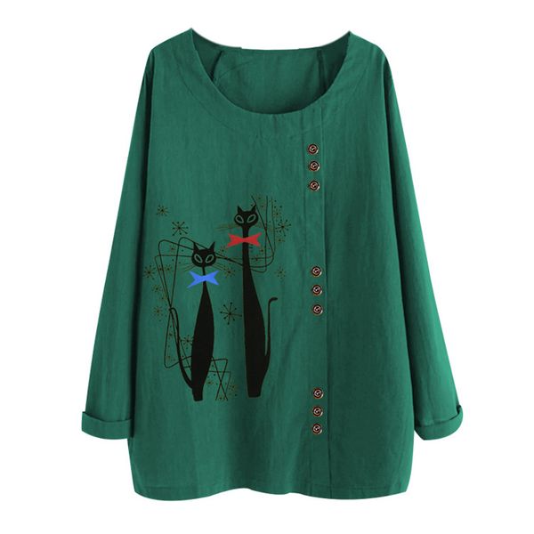 

women's fashion cat print autumn winter casual round neck long sleeve cotton linen loose plus size, White