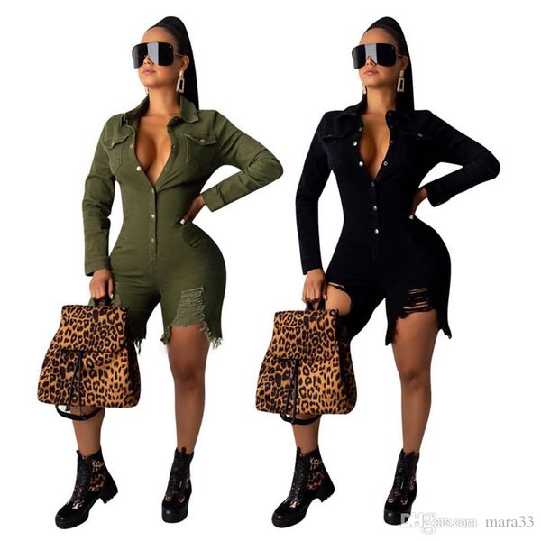 

женщины комбинезоны комбинезон buttton отворот шеи sexy club хлопок рваные с длинным рукавом боди подтяжки леггинсы шорты осень одежда 1614, Black;white