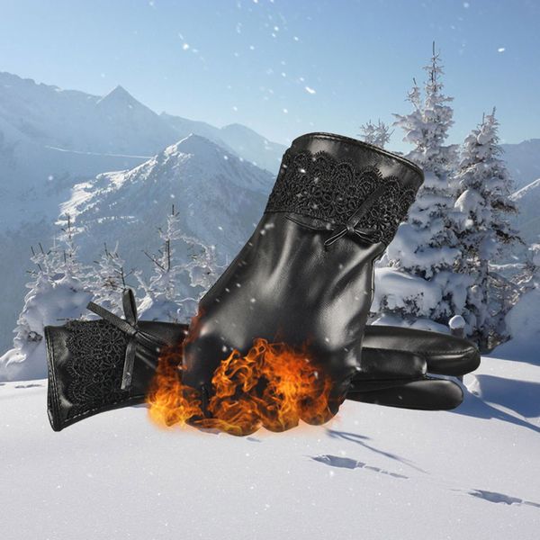

fashion women black leather gloves autumn winter warm lace mittens warm and mature gloves 2019 casual gift, Blue;gray