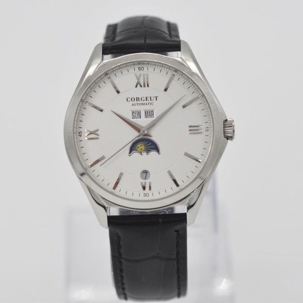 

brand 41mm corgeut white/blue/black dial ss/rosegold case date week moon phase clock leatcher automatic mens watch, Slivery;brown