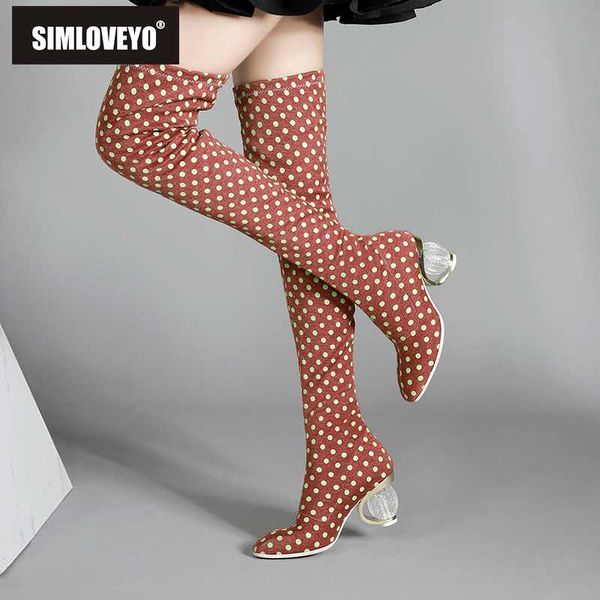 

simloveyo female autumn winter thigh high boots stretch fabric dot clear strange heels over the knee botas booties woman 2019, Black