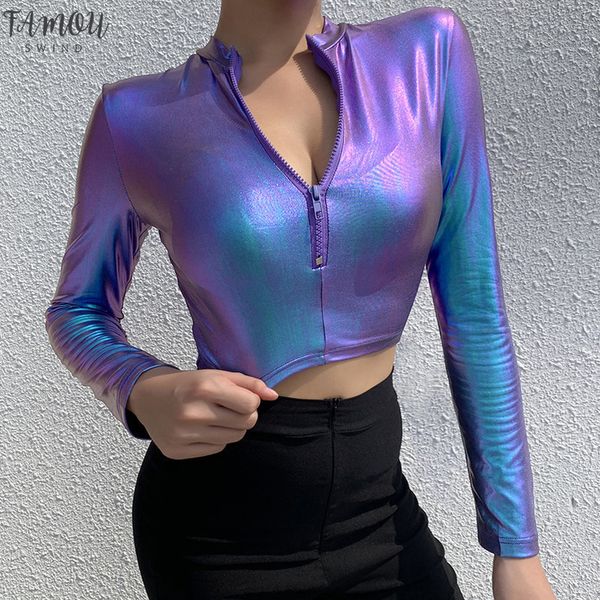

laser effect zipper woman skinny holographic party clubwear long sleeve bodycon short style hoodies holiday, White