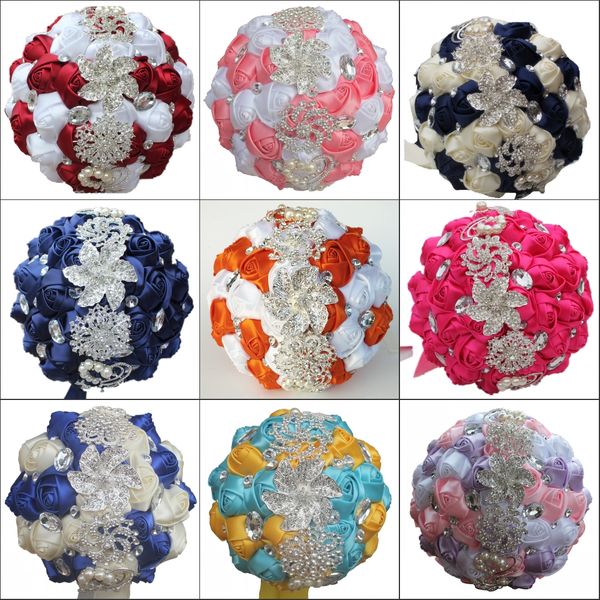 

european artificial wedding bouquets handmade ribbon roses flowers rhinestone crystal bridal wedding bouquet bridesmaid wedding accesories