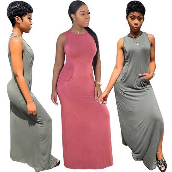 

новые женщины лето без рукавов сплит мода макси платье до щиколотки классические тонкие винтажные платья 2 цвета платья nb-1085, Black;gray