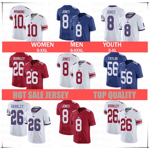 

men women youth jersey 8 daniel jones 10 eli manning 26 saquon barkley 56 lawrence taylor football jerseys white blue, Black;red