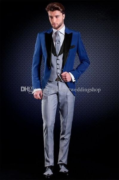 

fashionable slim fits blue groom tuxedos peak lapel men work suit wedding party prom dress 3 pieces suits (jacket+pants+vest+tie) k188, Black;gray
