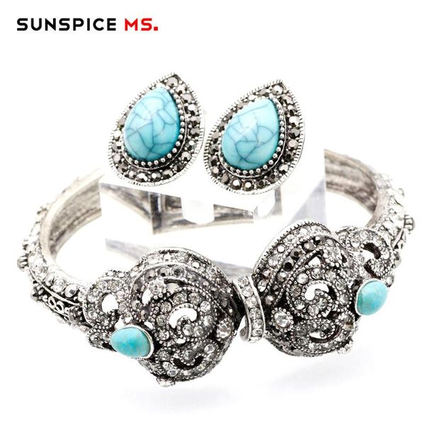 

sunspice-ms retro silver color turkish flower bangle for women ethnic wedding rhinestone jewelry vintage, Black