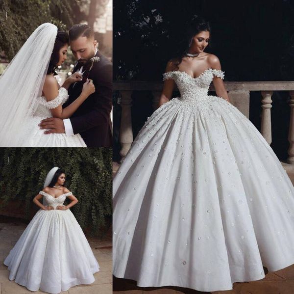 

saudi arabic ball gown wedding dresses 2019 bohemia off shoulder lace appliqued beaded bridal gowns plus size church wedding dress, White