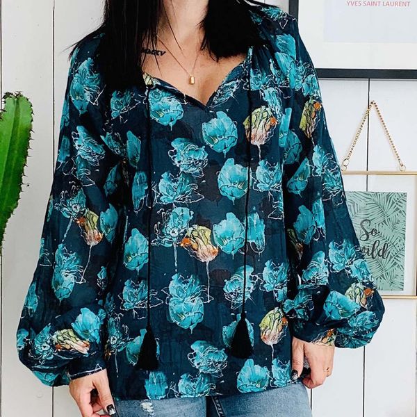 

2019 new women's printing long sleeve shirt tie knot casual blouses ladies girl women, White