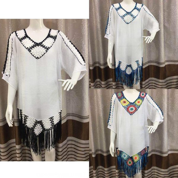 

hand crochet mosaic tassel beach blouse shirt shirt hollow loose large size holiday sunscreen clothing, White;black