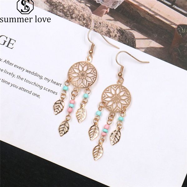 

new fashion vintage ethnic leaf dangle earrings bohemia dream catcher long tassel earring with seed bead personalized for women jewelry gift, Silver