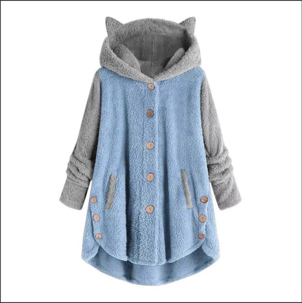 

2020 autumn and winter button hooded cat ears plush irregular color matching coat women's coat cardigan hooded, Black
