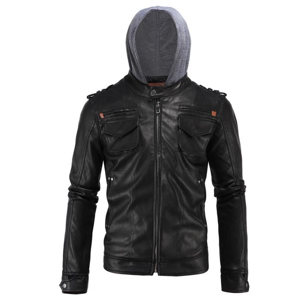 

hooded leather jacket mens slim motorcycle coat men jackets clothes personalized jaqueta de couro stage street dance fashion, Black