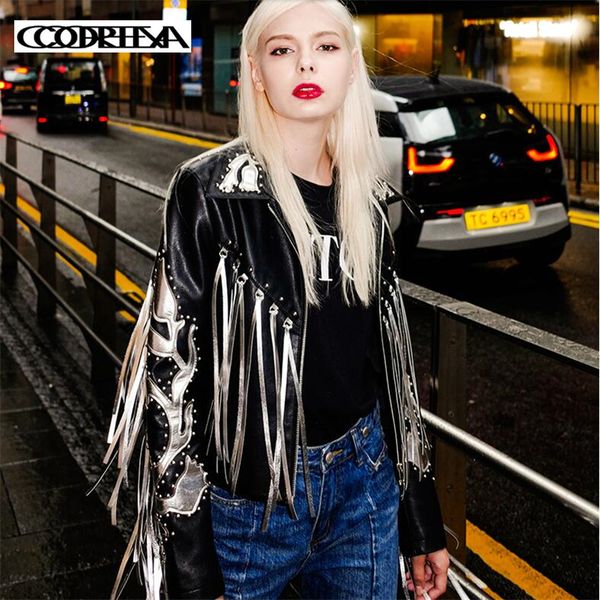 

street locomotive silver tassel design leather jacket women spring autumn women punk hip hop short pu coat female cool jackets, Black