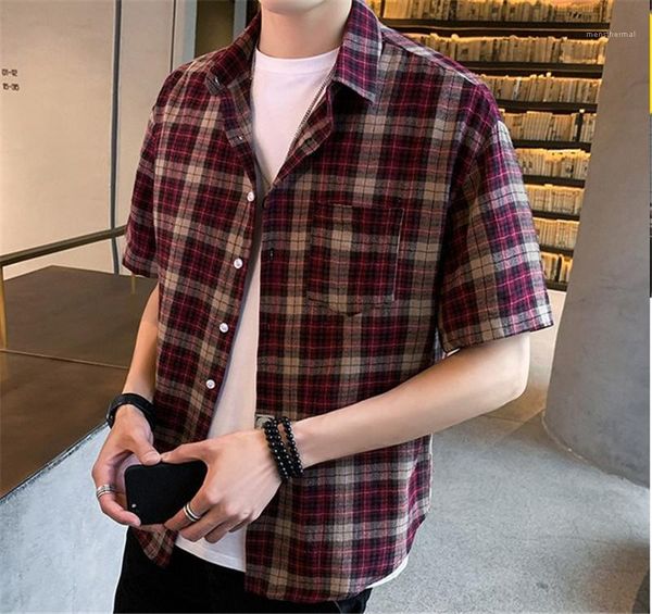 

casual shirts with button summer clothing plaid print short sleeve mens shirts fashion turn down collar mens, White;black