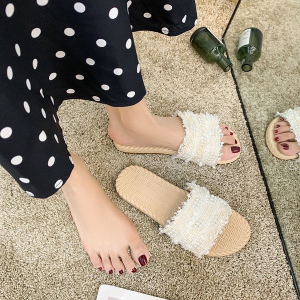

beach shoes low woman's slippers slides platform shose women sabot 2020 soft flat cotton fabric pu rome basic, Black