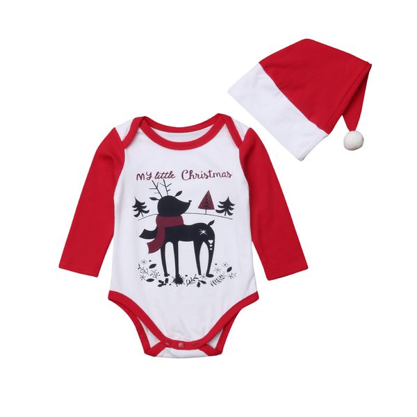 

xmas newborn baby romper long sleeve comfortable cute cartoon deer print jumpsuit + christmas hat 2pcs infant boy girl clothes