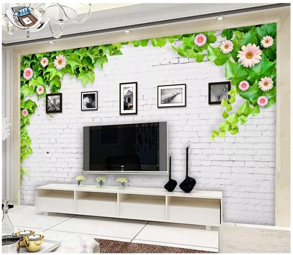 3d foto papel de parede personalizado 3d murais de parede papel de parede moderno e minimalista parede de tijolo branco flor videira moldura da foto da sala de TV fundo da parede