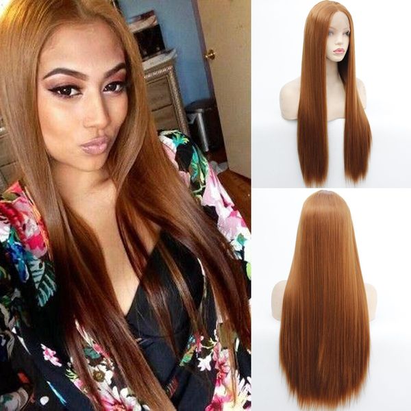 

26 «» длинные прямые кружева фронтальная парик glueless # 30 silky синтетические волосы парики для черный белый женщины жаропрочных brown sy, Black