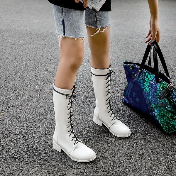 

ymechic 2019 fashion white black mid calf high womens boots long cross tied lace up motorcycle biker boots women gothic shoes