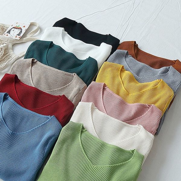 

2019 new spring autumn women sweater v neck knitted pullovers women slim basic sweater elastic solid color female jumpers, White;black