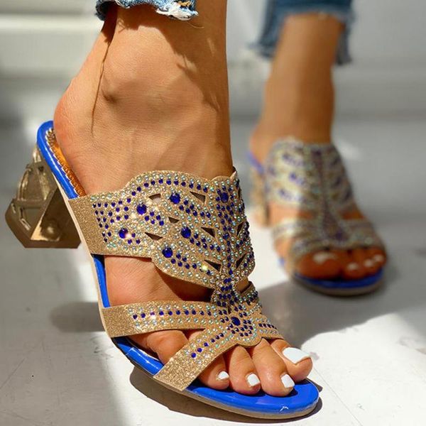 

large size 41 crystals slip on leisure summer sandals shoes 2020 square heels women shoes woman mules flip flops, Black