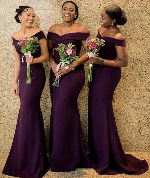 

custom made african off the shoulder grape satin long bridesmaid dresses ruched sweep train wedding guest maid of honor dresses, White;pink