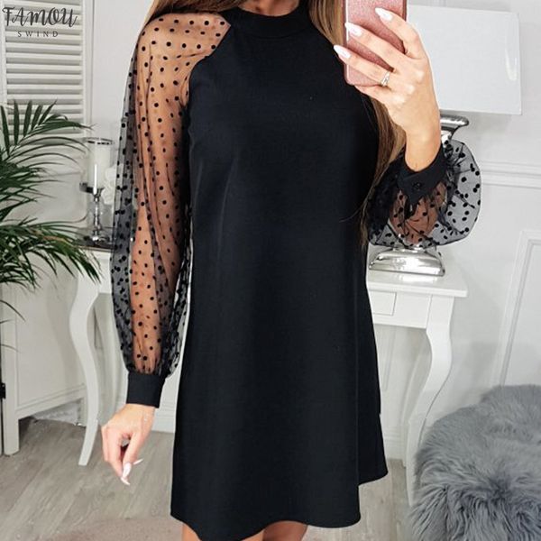 

мода платье женщины vestidos стильная сетка с длинным рукавом o-образным вырезом платья с длинным рукавом straight мини-платье партии, Black;gray