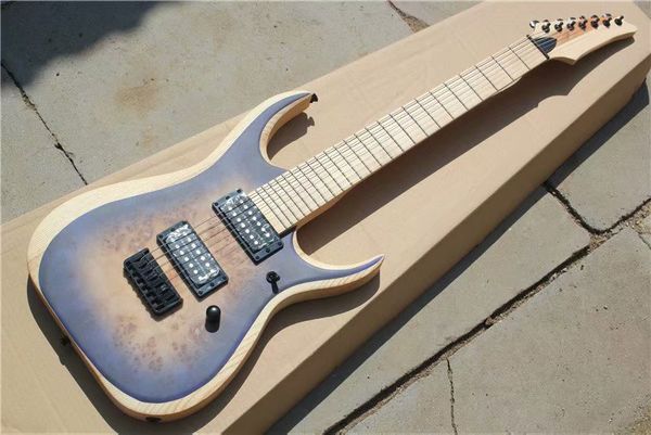 Guitarra eléctrica de color madera natural personalizada de fábrica con 7 cuerdas, cuerpo de fresno, herrajes negros, pastillas HH, se puede personalizar