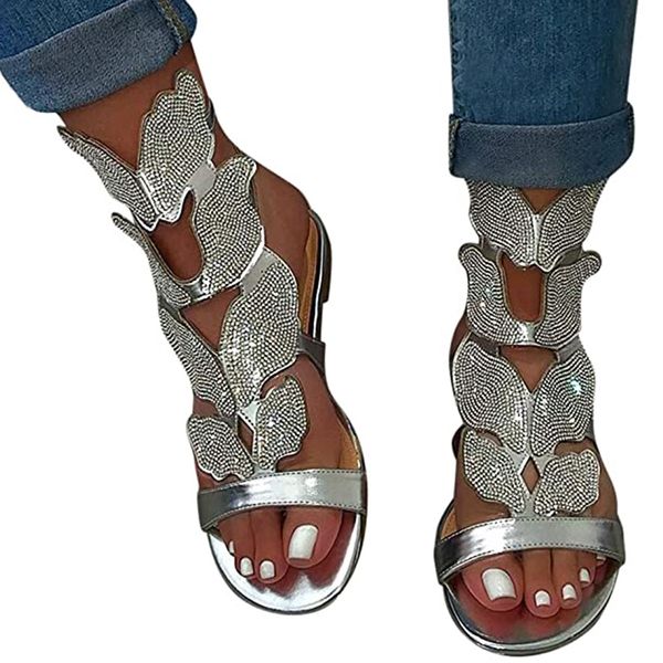 

2020 summer women flat sandals rhinestone gladiator sandals flat butterfly-shape shoes female hollow out toe shoes