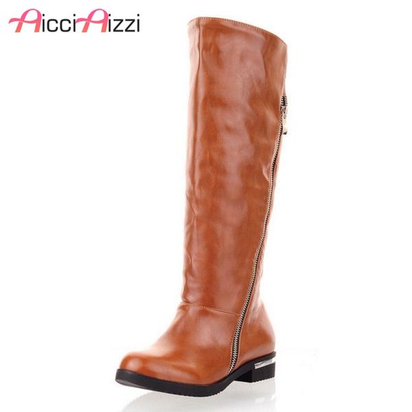 

aicciaizzi women flats boots zipper round woman knee boots concise fashion long botas simple fashion shoes footwear size 34-40, Black