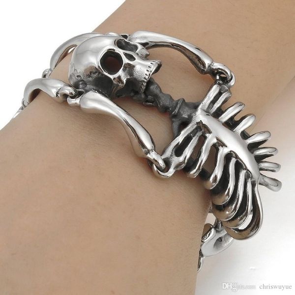 

punk rock men's stainless steel bracelet link wrist silver black skull vintage steel bracelets silver charms b31