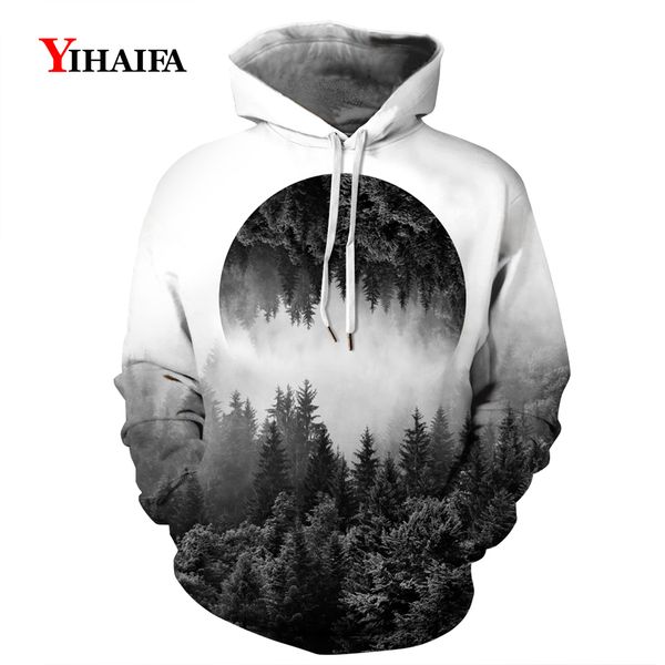 

women men 3d hoodies hipster mist forest tree print sweatshirts harajuku streetwear casual long sleeve hoodie men clothes, Black