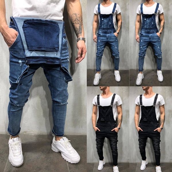 

fashion men's ripped skinny jeans destroyed frayed slim denim pant overalls zipper, Black