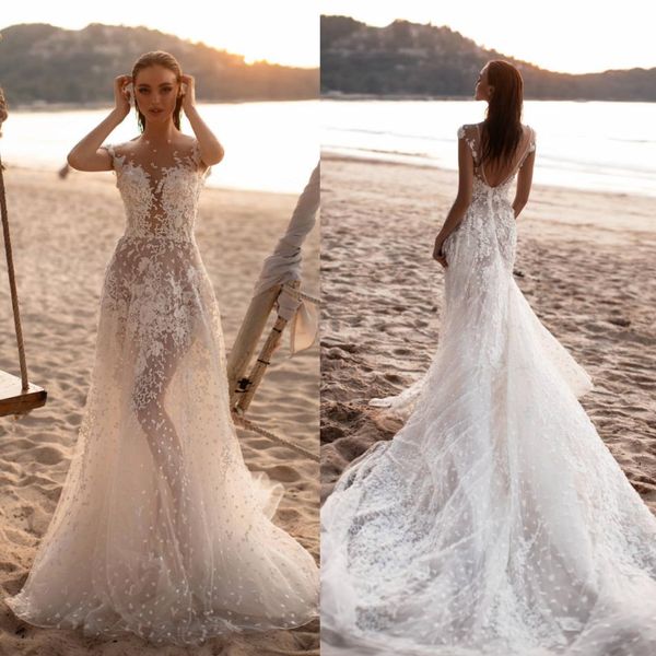 

2019 milla nova bohemia wedding dresses lace appliqued a line backless bridal gowns sweep train sheer neckline illusion boho wedding dress, White