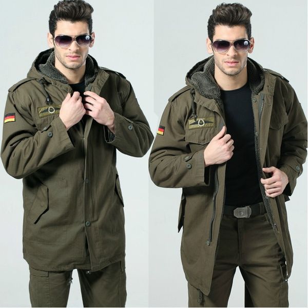 

german army jacket men winter cotton jacket thermal trench with hood jackets fleece lining coat, Camo;black