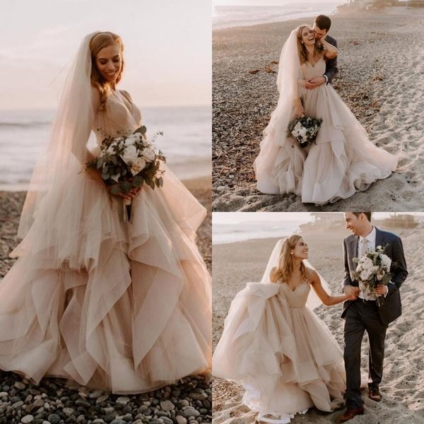 

2020 romantic spaghetti strap cascading ruffles wedding dresses pleats tulle a line country beach boho bridal gowns with sash, White