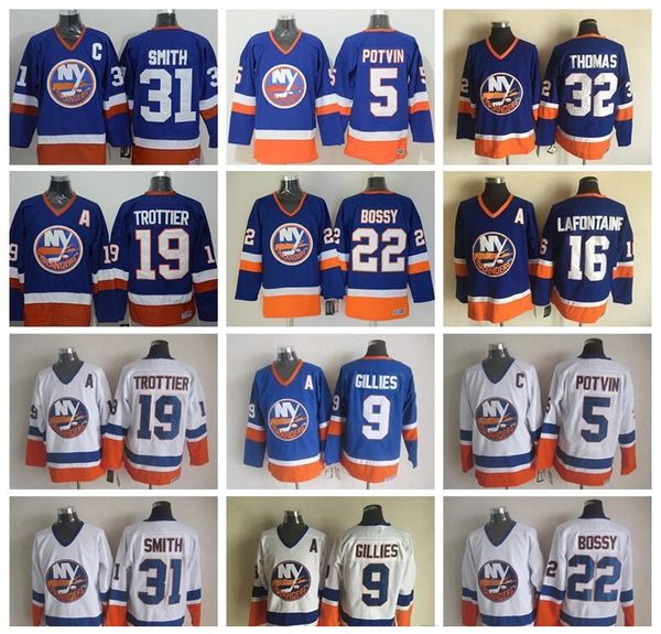 

new york islanders jerseys ice hockey 5 denis potvin 22 mike bossy 31 billy smith 9 clark gillies 19 bryan trottier 16 lafontaine, Black;red
