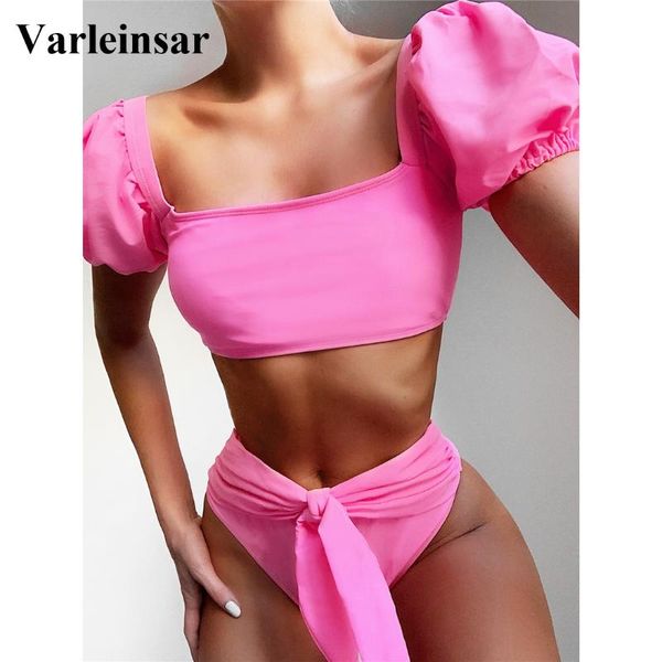 

2020 knotted female swimsuit high waist bikini women swimwear two-pieces bikini set short sleeve bather bathing suit swim v2081