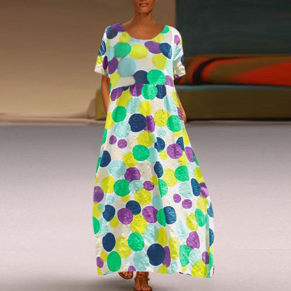 

summer dress women vintage dot print cotton linen dress 2019 ladies short sleeve casual vestido female long maxi dresses vestido, Black;gray