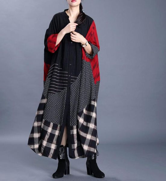 

women 2020 spring cotton linen patchwork trench coat outerwear ladies vintage spliced striped overcoat female retro coat, Tan;black