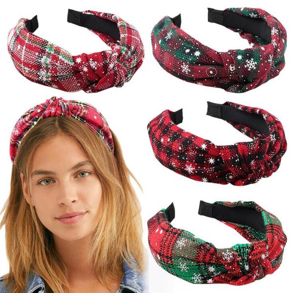 

christmas headband with cross knot design red lattice with snow print for christmas party santa elastic hair hoop, Golden;silver
