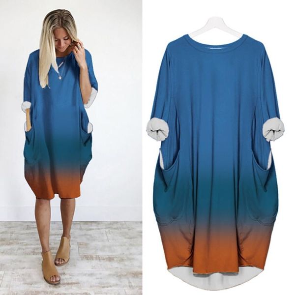 

casual dresses womens dress gradient color pocket plus size loose knee-length vintage ladies o-neck long oversize #yj2, Black;gray