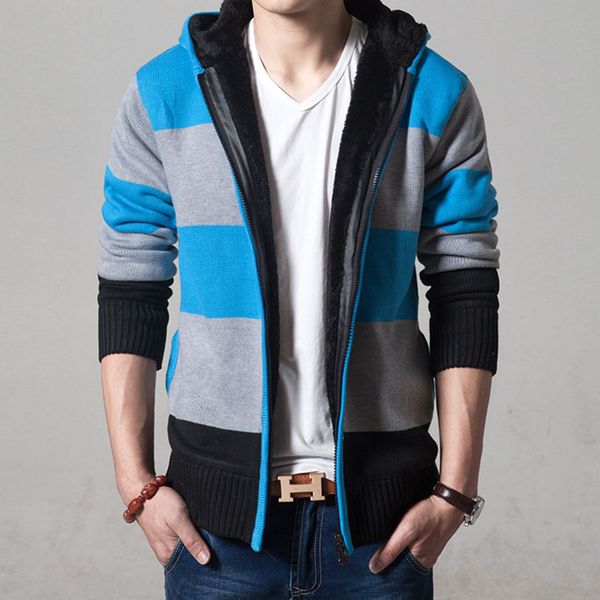

2020 sweater coat men winter thick warm hooded cardigan jumpers men striped wool liner zipper fleece coats, White;black