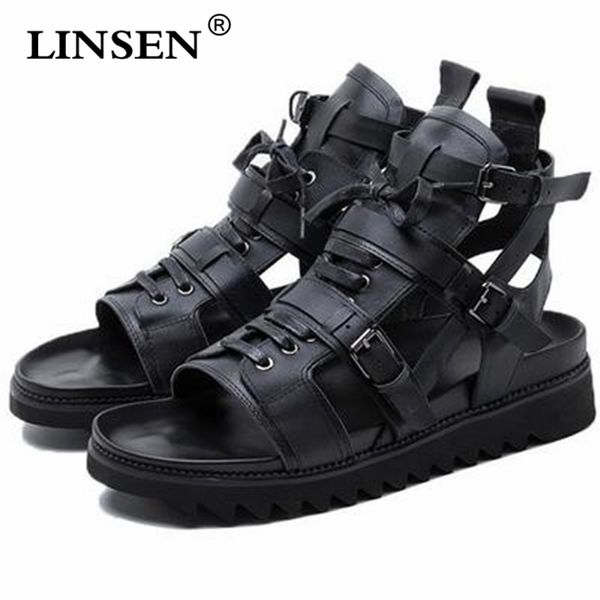 

summer men's sandals genuine leather flats moccasins high peep toes cross-tied ankle buckle strap male casual shoes loafers, Black