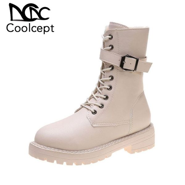 

coolcept women ankle boots warm fur zipper platform thick heels shoes for women fashion buckle lace up ridding boots size 35-40, Black