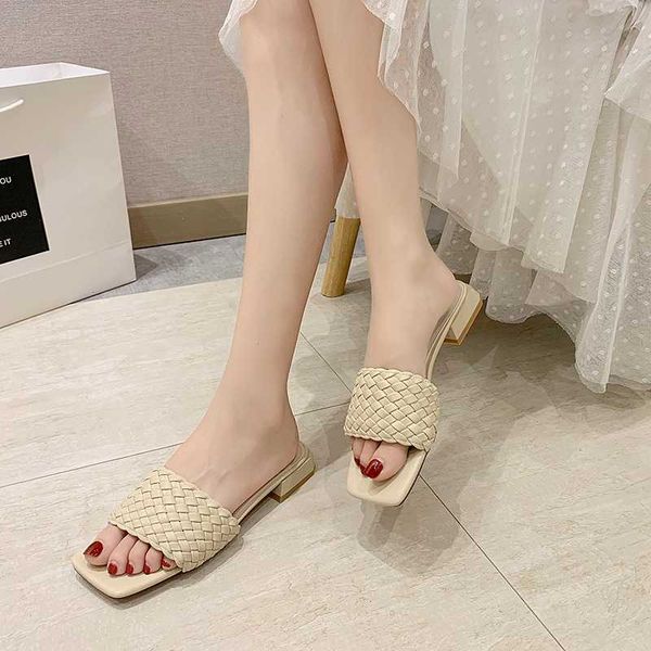 

weave low heel slippers women square toe sandals summer elegant open toe slippers summer outdoor vacation slides women 2020, Black