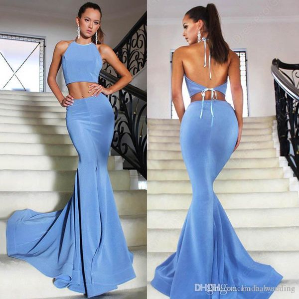 2019 Lindo Oceano Azul Prom Vestido Barato Simples de Duas Peças Backless Formal Férias de Verão Vestir Evening Party Gown Custom Made Plus Size