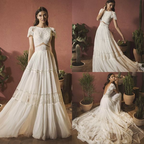 

2020 chic bohemia wedding dresses a line jewel neck short slevee lace applique beach bridal gowns sweep train boho wedding dress backless, White